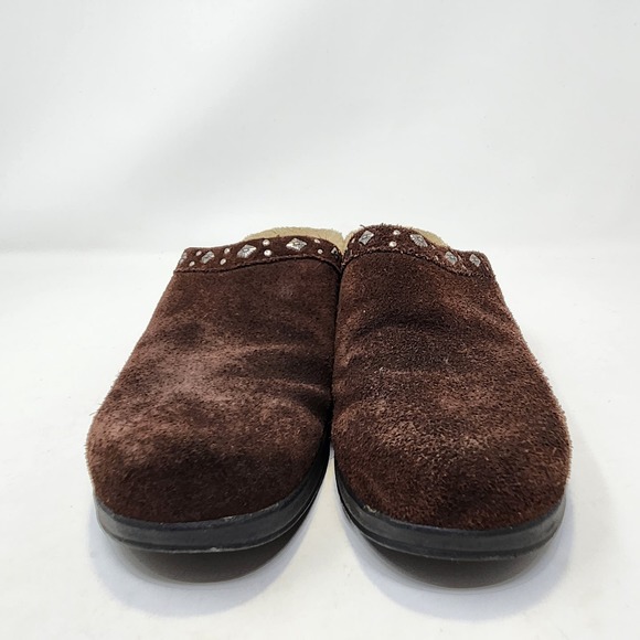 Minnetonka Womens Brown Suede Slip On Mules Clogs Size 9 Studded Felt Lined - Picture 3 of 8